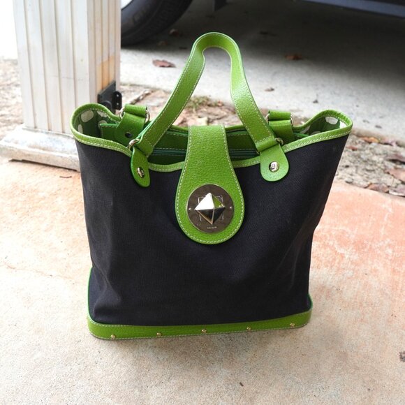 RARE Vtg Kate Spade Neon Lime Black Canvas Wood Satchel - Picture 3 of 14